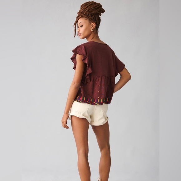 By Anthropologie Short Sleeve Top Embroidered NWT $98 Medium SOFT - Picture 3 of 10